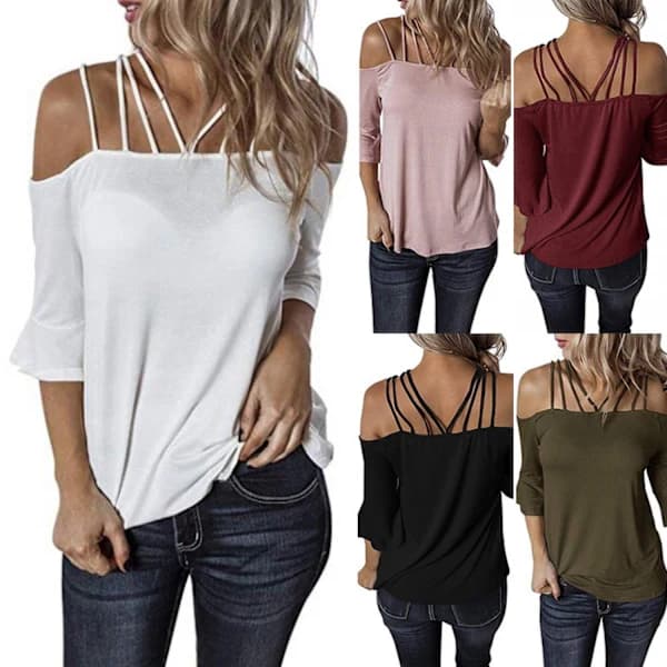 AVEKI Dame Spaghetti Stropp Kalde Skuldre Topper Uformell Halv Erme Topper, Hvit, L