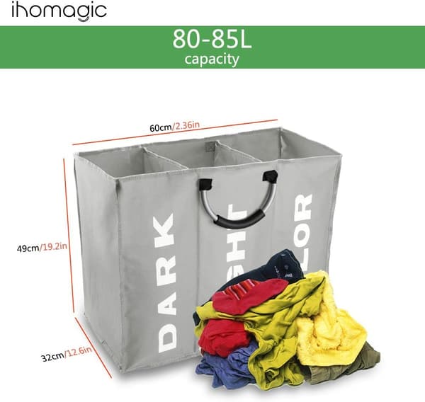 Large 3-Section Laundry Hamper, Foldable Fabric Storage Bag for Clothes with Handles 85L 60x32cm Grey