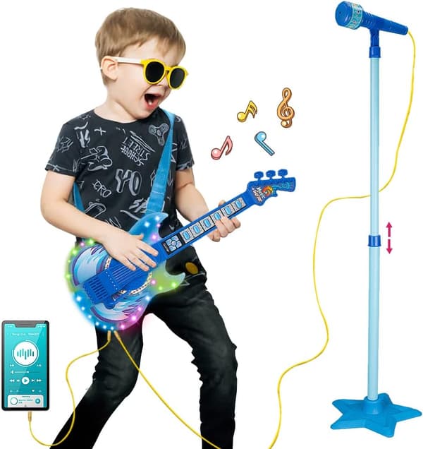 TAKIHON Barn Gitarr & Mikrofon Set med Musik LED Ljus, Justerbart Stativ Karaoke Leksak Blå Uppgraderad Blå Blue
