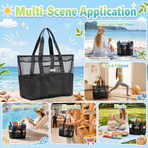 Iridescent mesh beach bag with zipper, large beach bag with 14 pockets Black Black