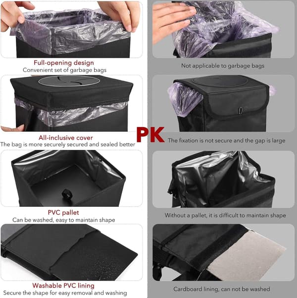 Car Trash Can with Lid - Hanging Car Trash Can with Storage Pocket