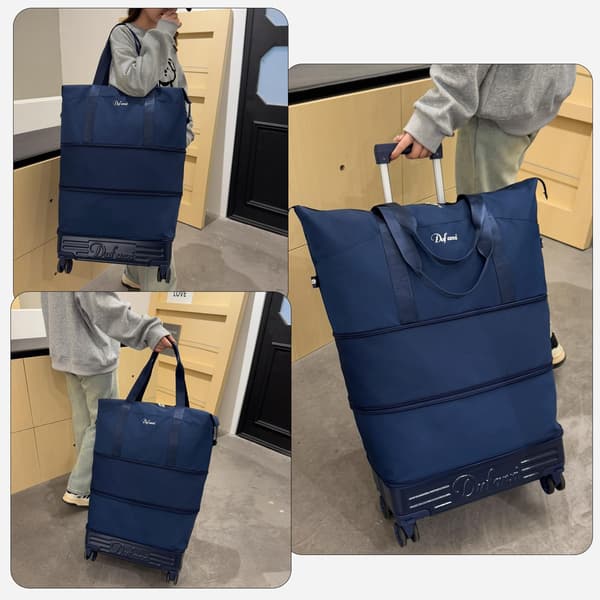 Rolling duffel bag with wheels and handle, expandable foldable carry-on with detachable wheels, personal travel bag, lightweight Deep Navy Deep Navy