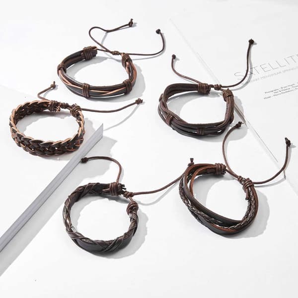 5-pak håndlavede læderarmbånd til mænd, brune