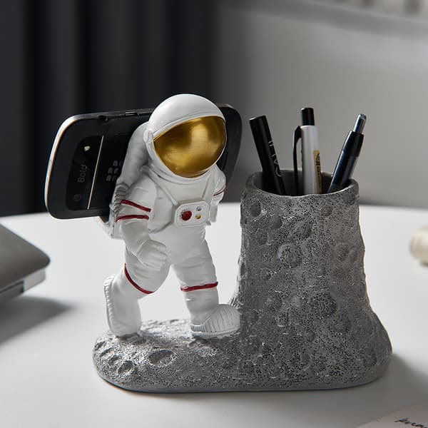 Staty Astronaut Penneblyantholder med Telefonholder, Resin Mobi
