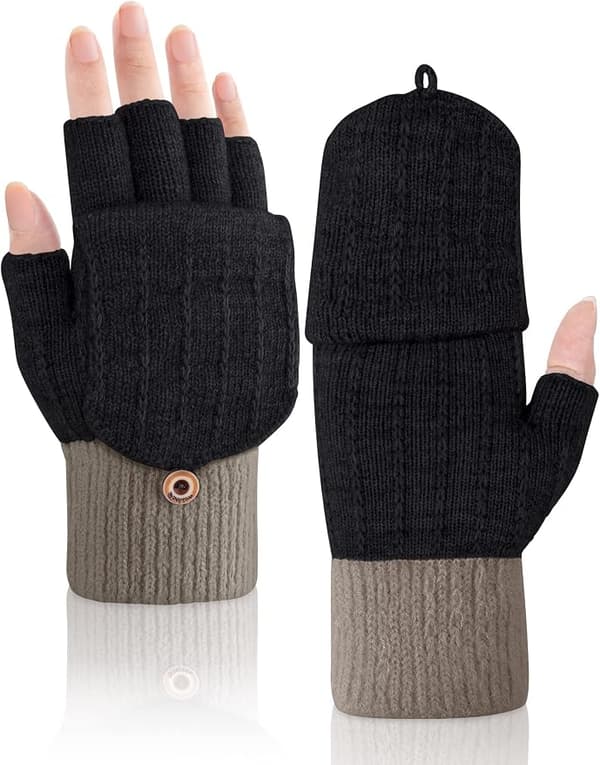 Fingerlösa handskar, vinterhalvfingerhandskar med flip-top stickade termiska handskar för män och kvinnor