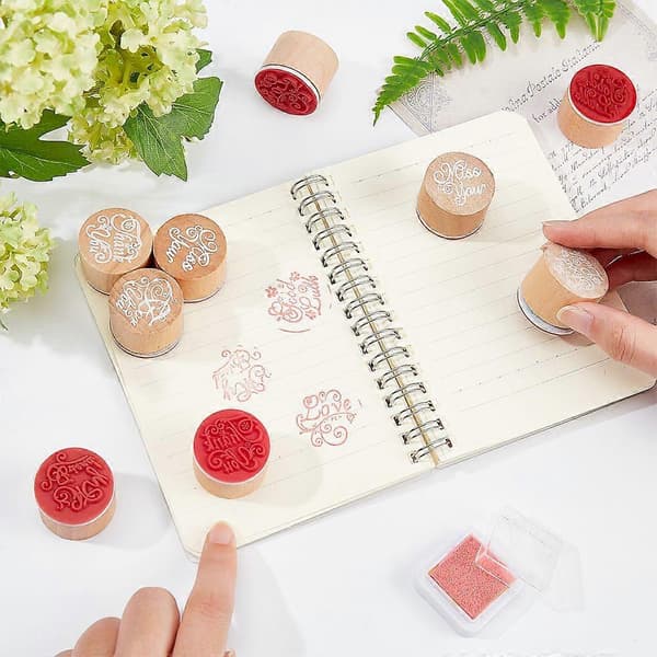 Pine Wood Stamps with Rubber Column BurlyWood 30x25mm 6 Patterns 2pcs/Pattern 12pcs/Set