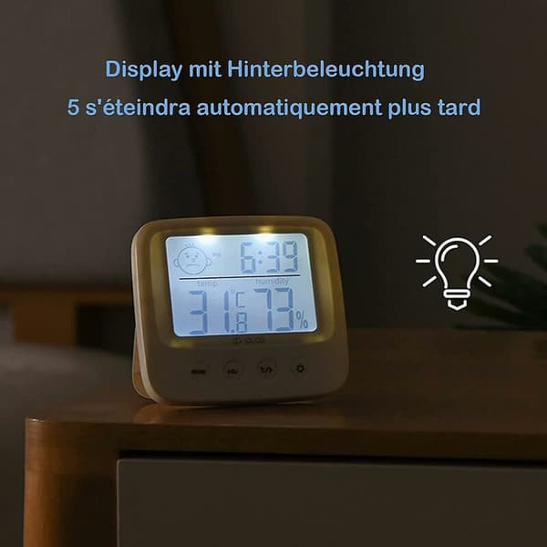 Indendørs Termometer Hygrometer med Baggrundsbelysning, Sæt med 2, Fugtighedssensor til Børneværelse, Viser ℃/℉, Ur & Dato