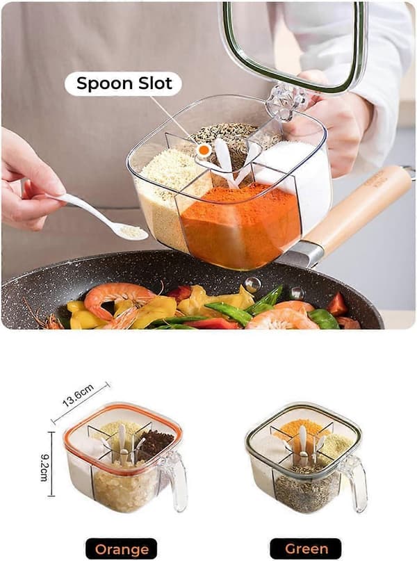 Spice Jar Set with Spoons, 4-Compartment Transparent Spice Containers with Lids and Moisture-Proof Seal