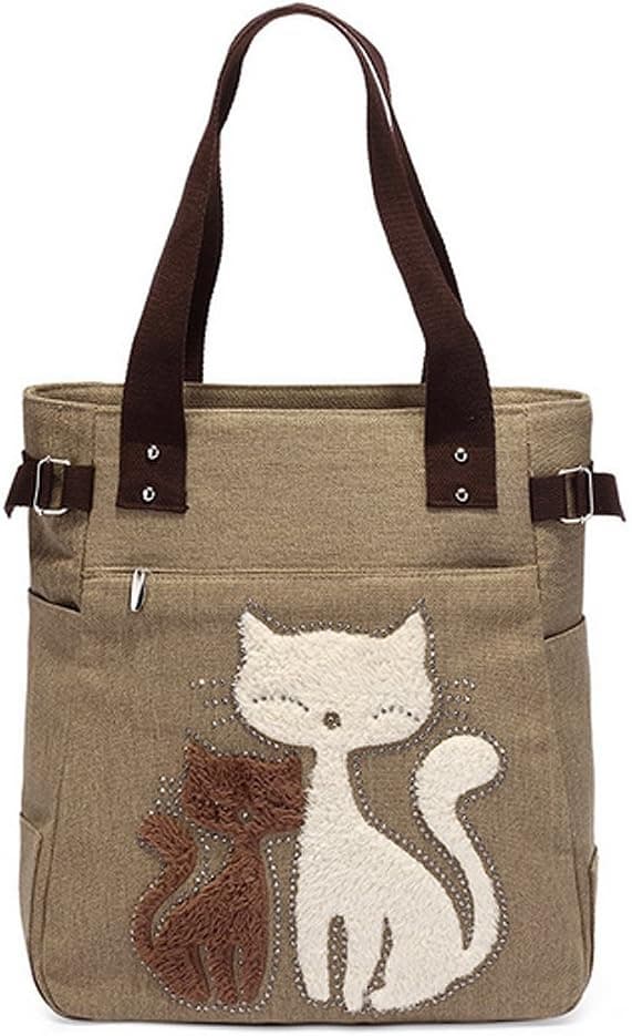 Dame Lærred Tote Tasker Søde Kat Design Håndtasker Skuldertasker Khaki Khaki