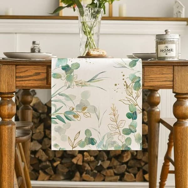 Eucalyptus Leaf Summer Table Runner, Spring Seasonal Kitchen Table Decoration Indoor Holiday Party Decor 40x140 cm