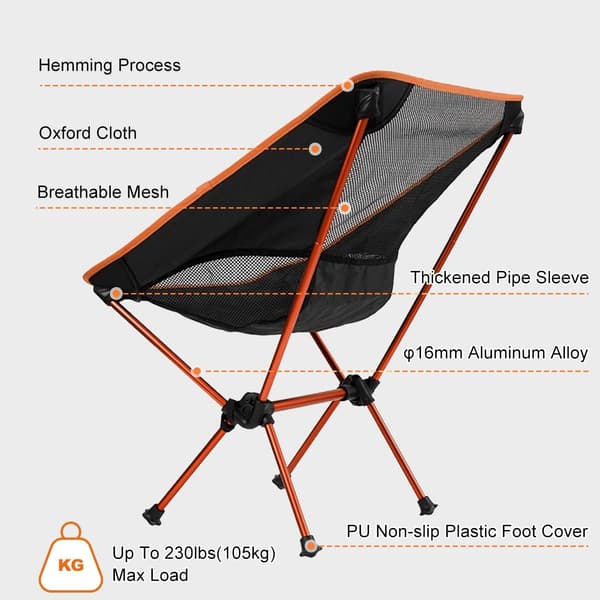 Orange Ultra Lätt Fällbar Campingstol, Bärbar Ryggsäck