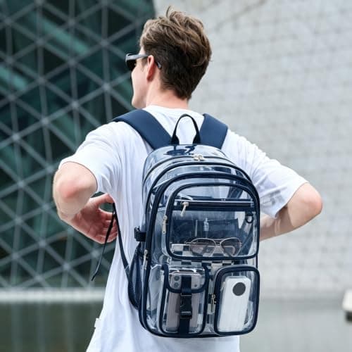 abshoo Large Clear Backpack for School Heavy Duty Transparent Bookbag with Multiple Pockets for Middle and High School (Navy Blue) Navy Navy