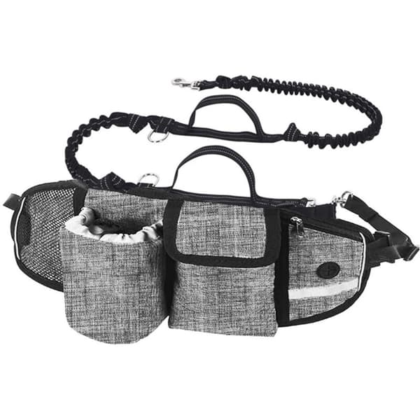 Hands-free dog leash, shock-absorbing, comfortable, with reflective stitching. Perfect for running, jogging, and walking. Off-grey.