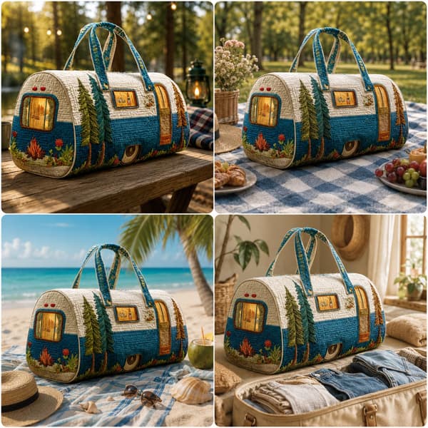 Sød hvalp quiltet duffeltaske, blomstret patchwork rejsetaske til camping, picnic, korte ture og daglig opbevaring Camper Pine Tree 2 Camper Pine Tree 2