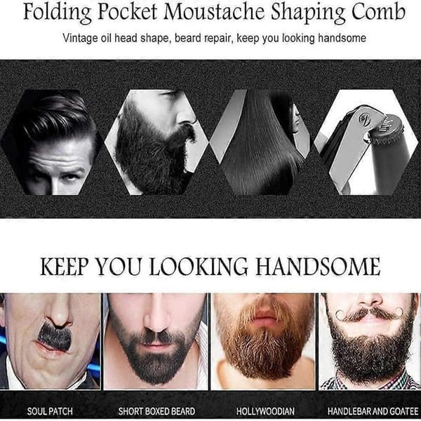 Foldable Beard Comb for Men, Stainless Steel Beard Comb, Moustache Shaped Comb for Household Barber Shop
