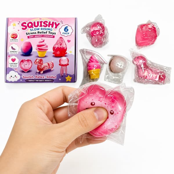 6-pack rosa långsamt stigande squishy-leksaker, söt dessert, djur och frukt stresslindrande sensorisk fidget-presentuppsättning