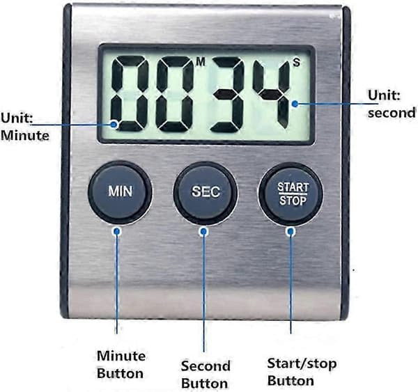 Mini Digital Timer, 24-timers format, Nedtællingstimer & Stopur, Til Køkken, Sport, Studier, Møder, Parkering, Medicinsk Behandling Rustfrit Stål