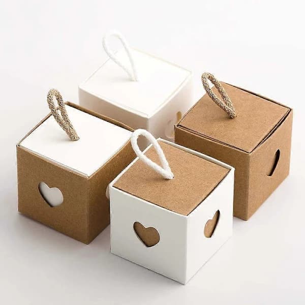 50 st Kraftpapper Godisbox, Presentbox i Papper, Hjärtformade Presentaskar, 5,5 x 5,5 x 5,5 cm Vikbar Presentask i Kraftpapper