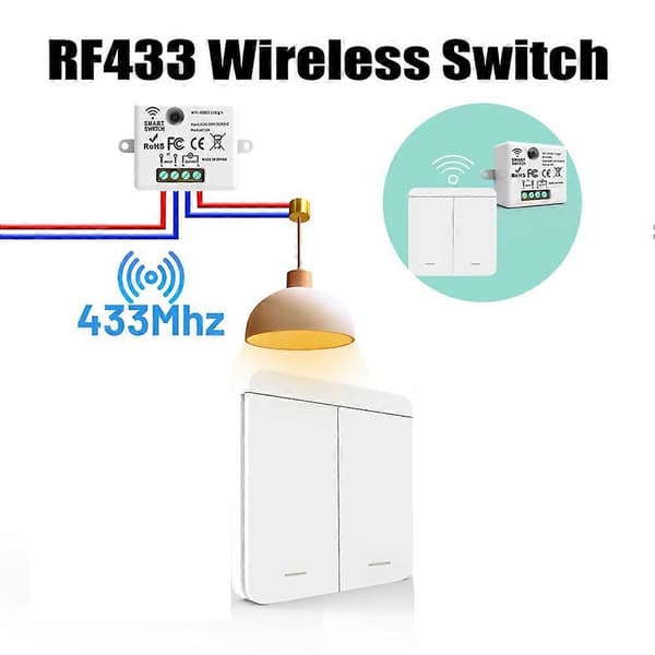 2 PCS Wireless Light Wall Switch RF 433Mhz Relay Receiver with 1x 2-way Panel Switch LED Remote Control (FMY) White White