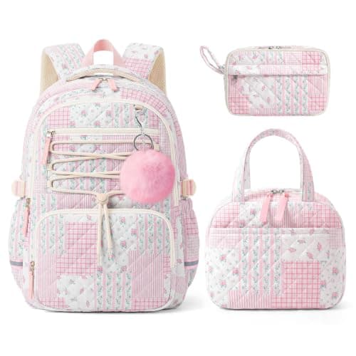 WOBAGMEN 3-osainen tikattu reppusetti tytöille, sisältää eväslaukun ja penaalin, Pink Floral Patchwork Pink Floral Patchwork