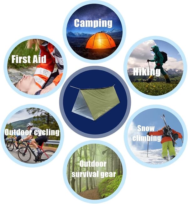 Nødlyssæt, overlevelsestelt, Mylar-tæppe, sovepose, poncho, til camping, vandring, grøn