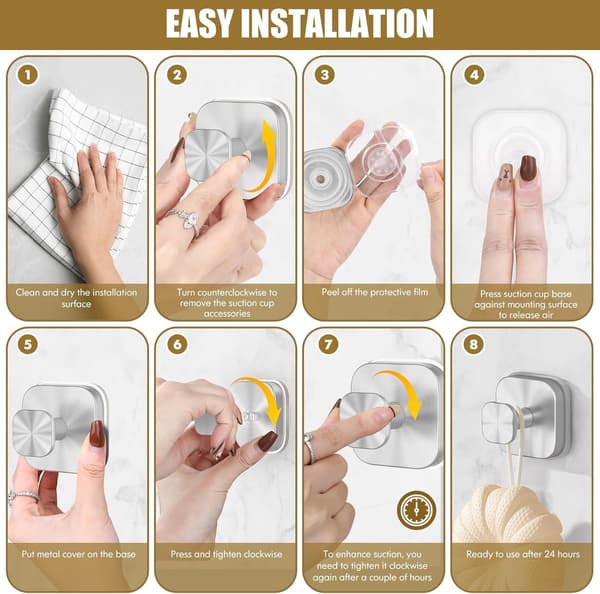 Suction Cup Shower Hooks, 4 Pcs Silver, Strong Reusable for Bathroom, Glass Windows, Towels and Bathrobes
