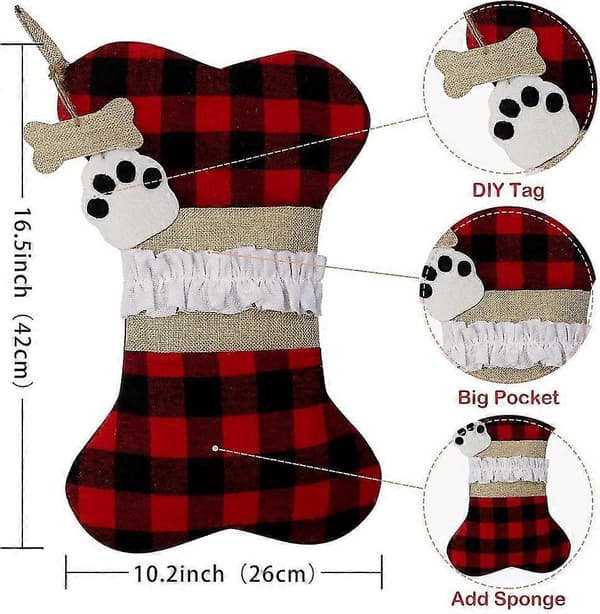 Julestrømper til hunder, sett med 2, Buffalo Plaid julestrømper store benformede hengende dyrestrømper til dekorasjoner