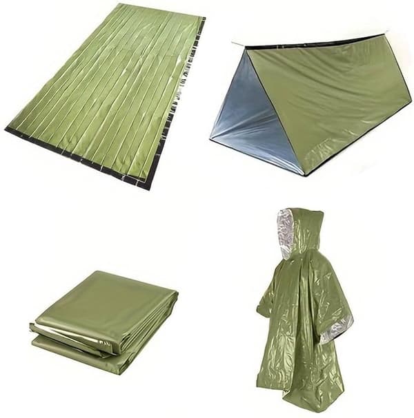 Nødlyssæt, overlevelsestelt, Mylar-tæppe, sovepose, poncho, til camping, vandring, grøn