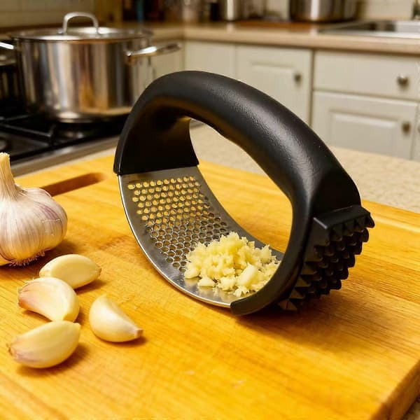 Garlic Press with Ergonomic Curved Handle, Stainless Steel, Easy to Clean, Black