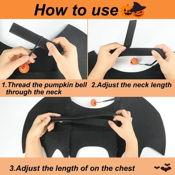 (S) Cat Bat Wings, Cat Halloween Costume with Pumpkin Bell, Adjustable