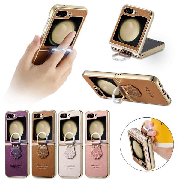 Søtt mobildeksel med kattepotedesign for Samsung Galaxy Z Flip 7 Fe/6/5 med galvaniserte rhinsteindekorasjoner og ringbeskyttelse. Roségull Rose gold