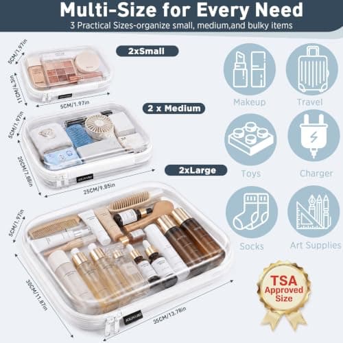 Clear Hard Shell Zippered Makeup Organizer Bags TSA Approved White 3 Pack (M+2S) White 3 Pack (M+2S)