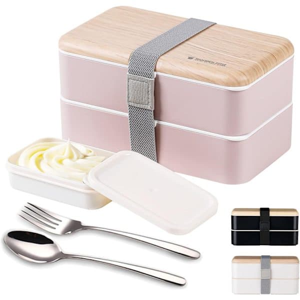 Bento Box, Lunch Box, Divider, Japanese Style with Stainless Steel Fork and Spoon (Pink)
