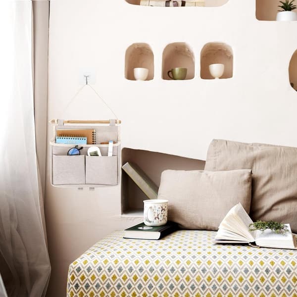 Wall-mounted storage bag, 3 compartments with hooks, off-white, for home and office
