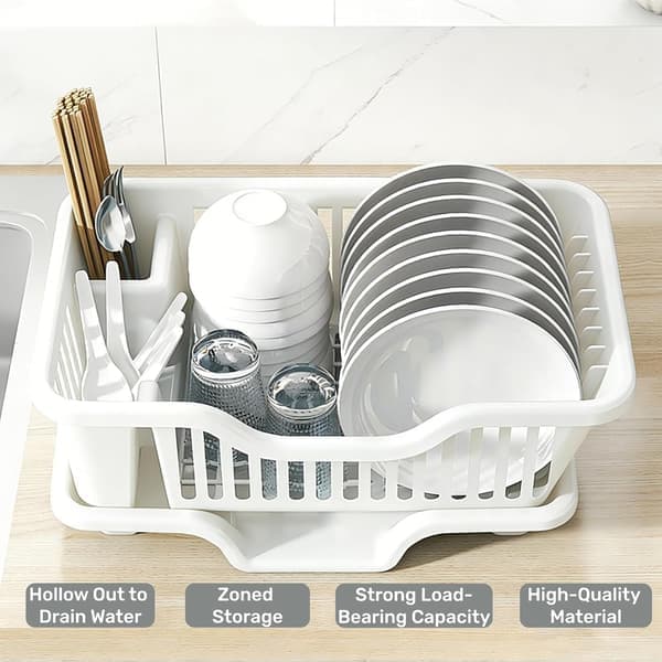 Two-piece plastic dish rack, sturdy dish rack for kitchen sink, large white draining rack with drainboard