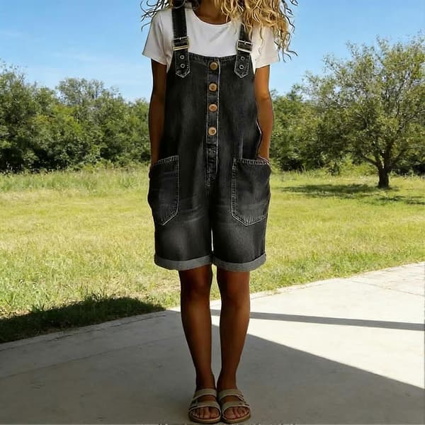 Adjustable Denim Overalls - Front Button Closure & Wide Leg - Women's Loose Summer Jumpsuit Light Blue XL Light Blue XL