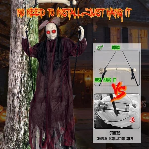 Halloween Decorations, Hanging Ghost Swing with Voice Control, Scary Sound/Glowing Eyes, Halloween Animatronic