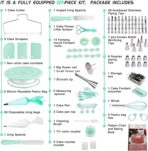 137-piece cake decorating set with rotating cake stand, piping bags and nozzles, complete decorating kit