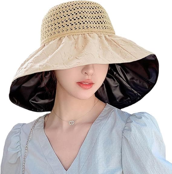 Kvinders strandhat med bred skygge, super solbeskyttelse, solhat med sort gummisolbeskyttelse, UV-beskyttelse, foldbar, justerbar solhat Off White Off White