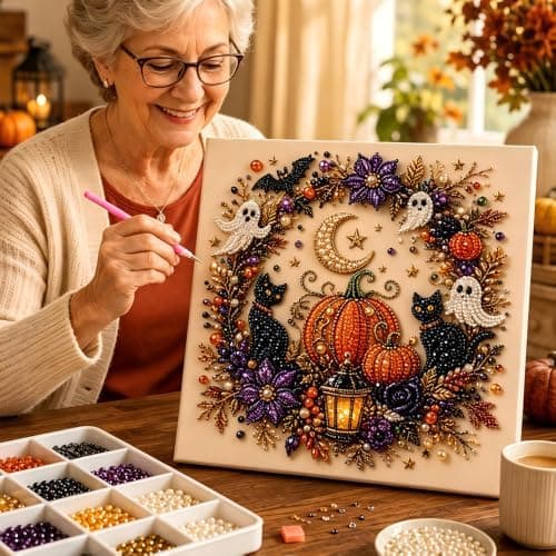 Halloween Spøgelse Perlekunst DIY-sæt, 3D Perlemosaik Håndværkssæt, Begyndervenligt Håndlavet Perlemaleri, Sødt Spøgelse Græskar Lærredskunst, Gave til Hekse Witch