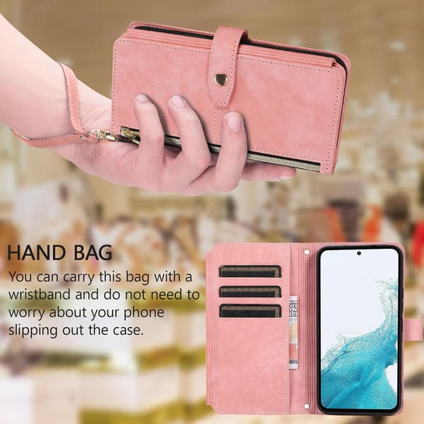 Samsung Galaxy S24 Plus, Kortfack Retro Läderplånbok Stötsäkert Flipfodral med Handrem Kortfack Dragkedjeficka - Roséguld
