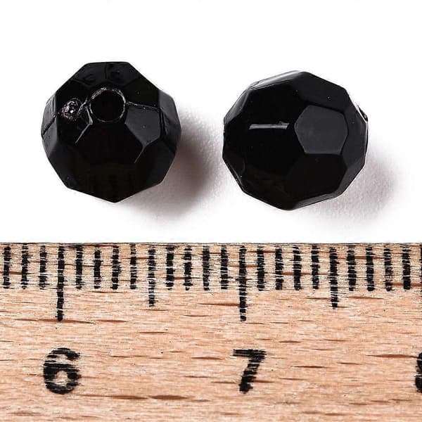 Uigennemsigtige akrylperler, polerede og facetslebne, runde sorte 8x8 mm Hul: 1,6 mm