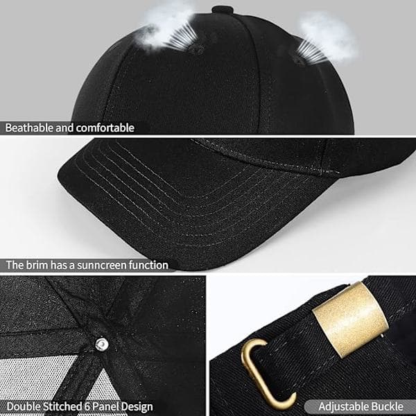 Baseballcaps for menn og kvinner, justerbar, 6 paneler, avslappet baseballcaps, sommerhatt, løping, golf, snapback-caps (56-59 cm) svart black