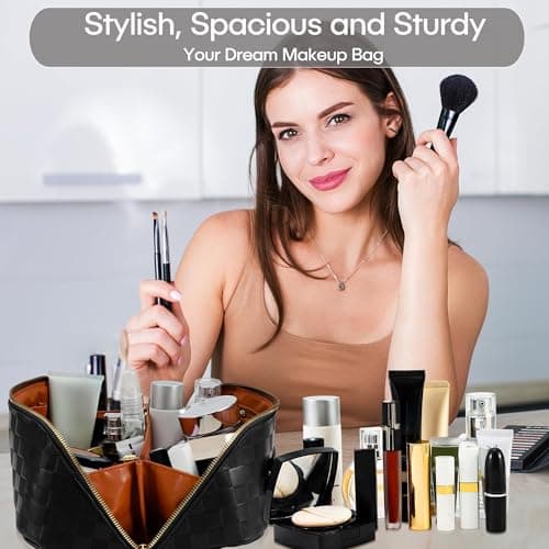 ALEXTINA Makeup-rejsetaske, ternet kosmetiktaske i PU-læder, sort Medium black Medium