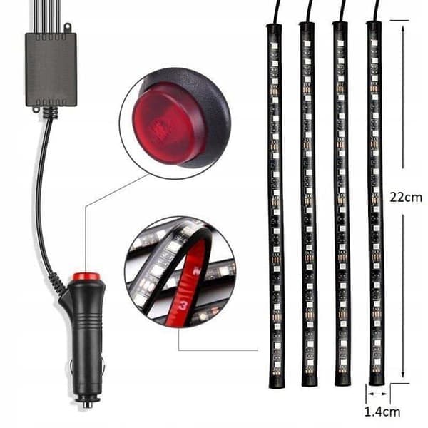 AIMOONSA 12V RGB Car LED Strip 3m - 4 X 48 LEDs, Remote Control, Waterproof Silicone, Cigarette Lighter Power Supply