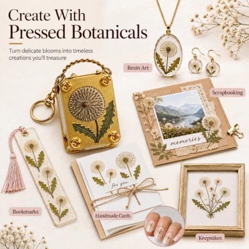 Mini Flower Press Keychain - Handmade Gold Metal Micro Press with 20 Sheets Dandelion Dandelion