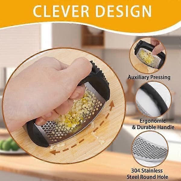 Garlic Press with Ergonomic Curved Handle, Stainless Steel, Easy to Clean, Black