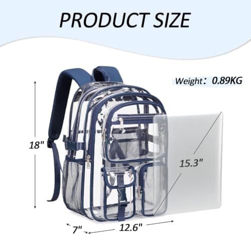 abshoo Large Clear Backpack for School Heavy Duty Transparent Bookbag with Multiple Pockets for Middle and High School (Navy Blue) Navy Navy