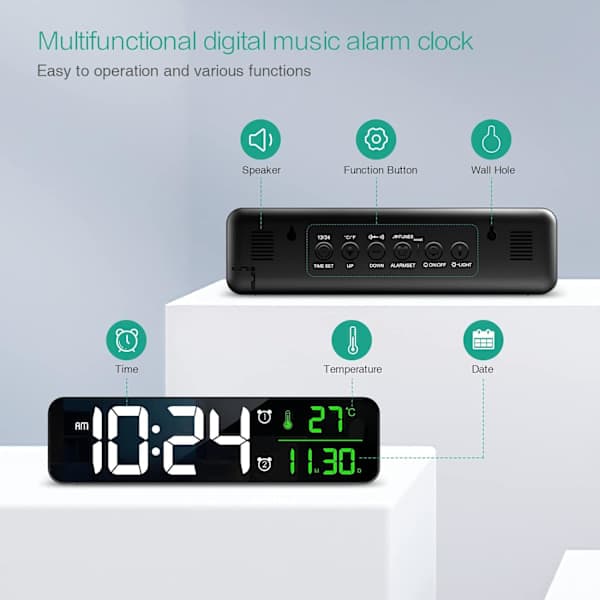 Digital väckarklocka, stor skärm väggklocka, digital väckarklocka, datum/temperatur, ℃/℉ växling, tidsminne, 2 larm.