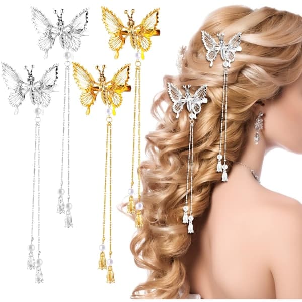 4 kpl (kulta + hopea) Perhoshiusklipsit, Seos Glitter B